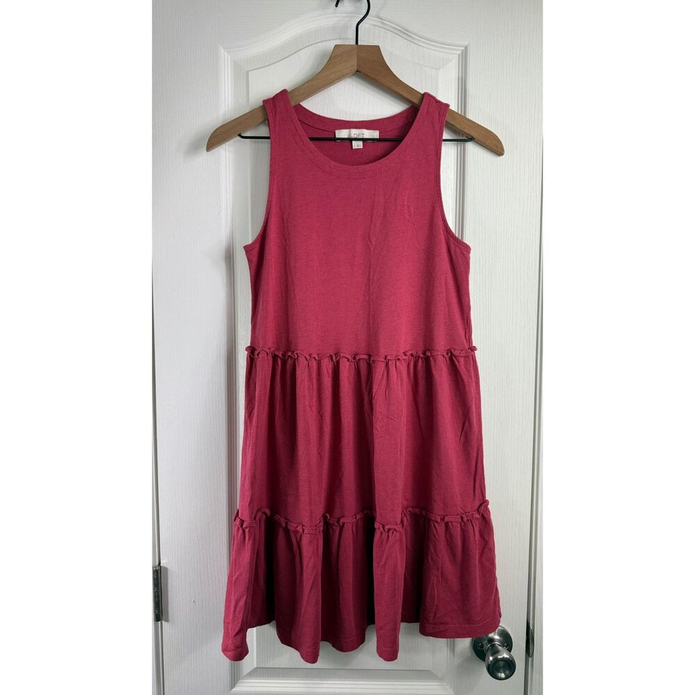 LOFT Women's Dark Pink Tiered Ruffle Sleeveless Dress Cotton Modal Size S Small